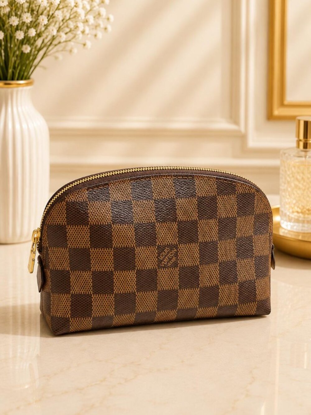 Authentic Louis Vuitton Damier Ebene Cosmetic Pouch PM Makeup Bag LV